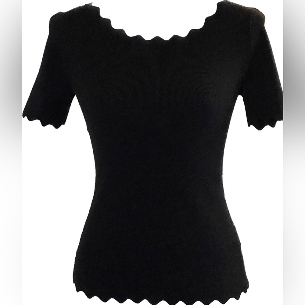 Premise Black Knit Scallop Neckline Short Sleeve Top - Size S